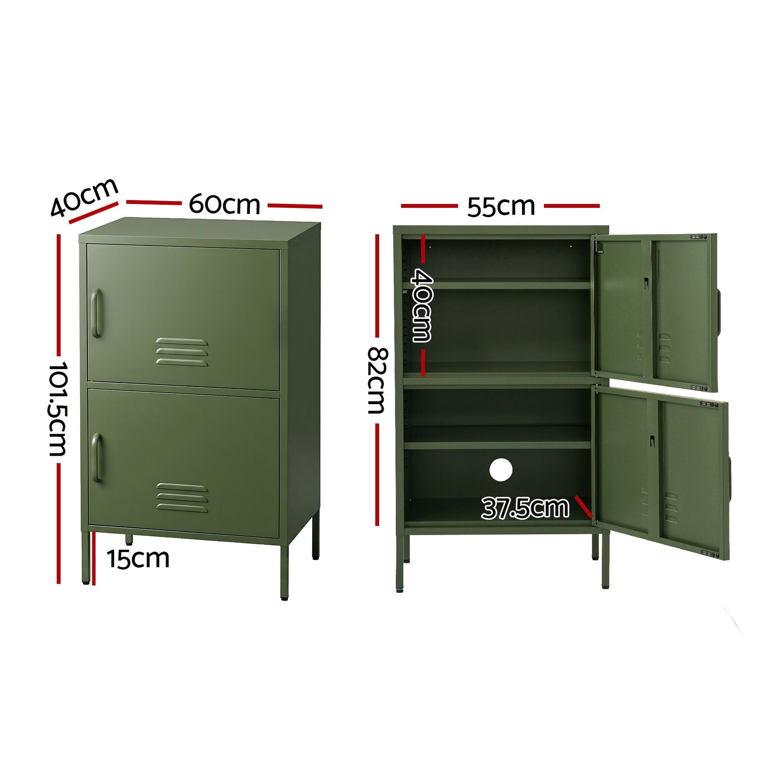 2x Buffet Sideboard Cabinet Storage Cupboard 2 Doors Metal Green DOUBLE