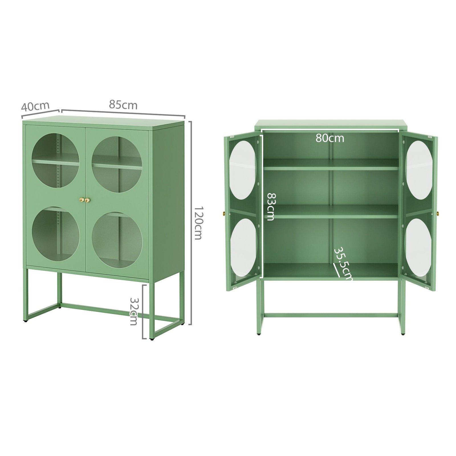 2x Buffet Sideboard Cabinet ELLA Cupboard Storage Glass Doors Metal Green