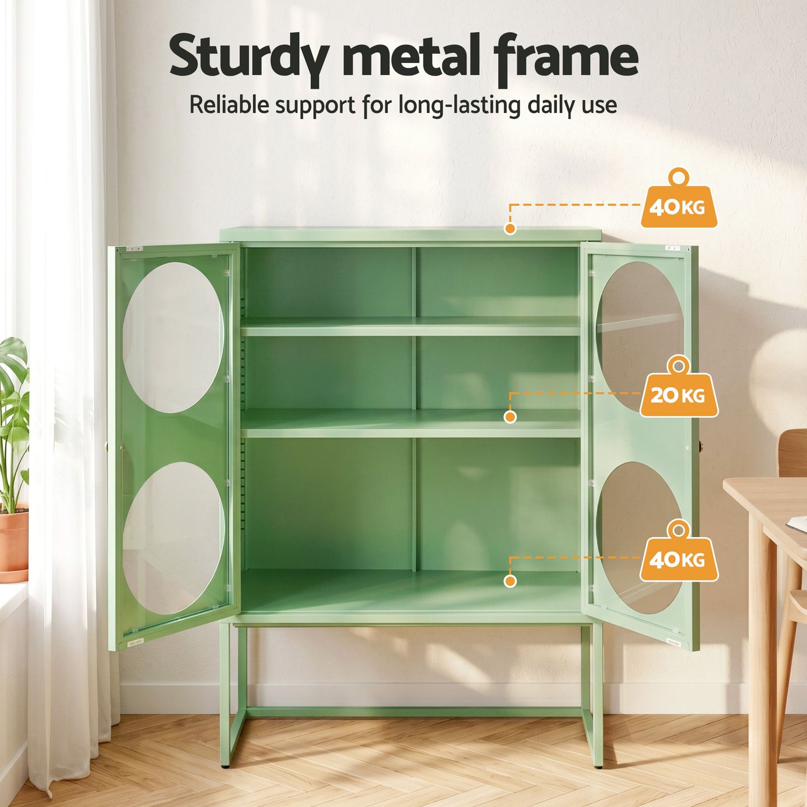 2x Buffet Sideboard Cabinet ELLA Cupboard Storage Glass Doors Metal Green