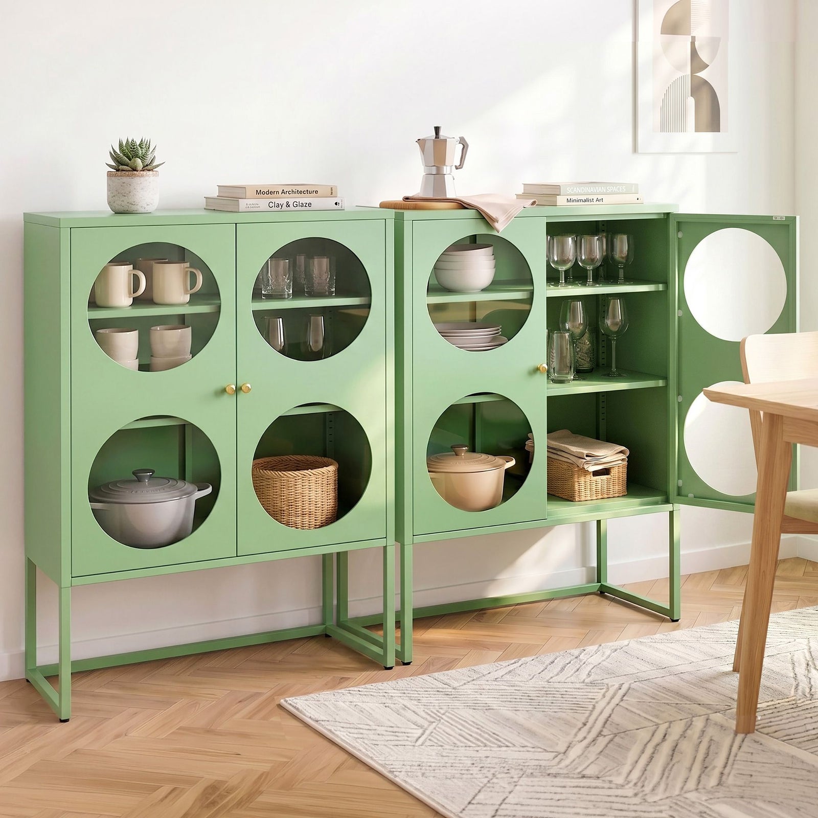 2x Buffet Sideboard Cabinet ELLA Cupboard Storage Glass Doors Metal Green