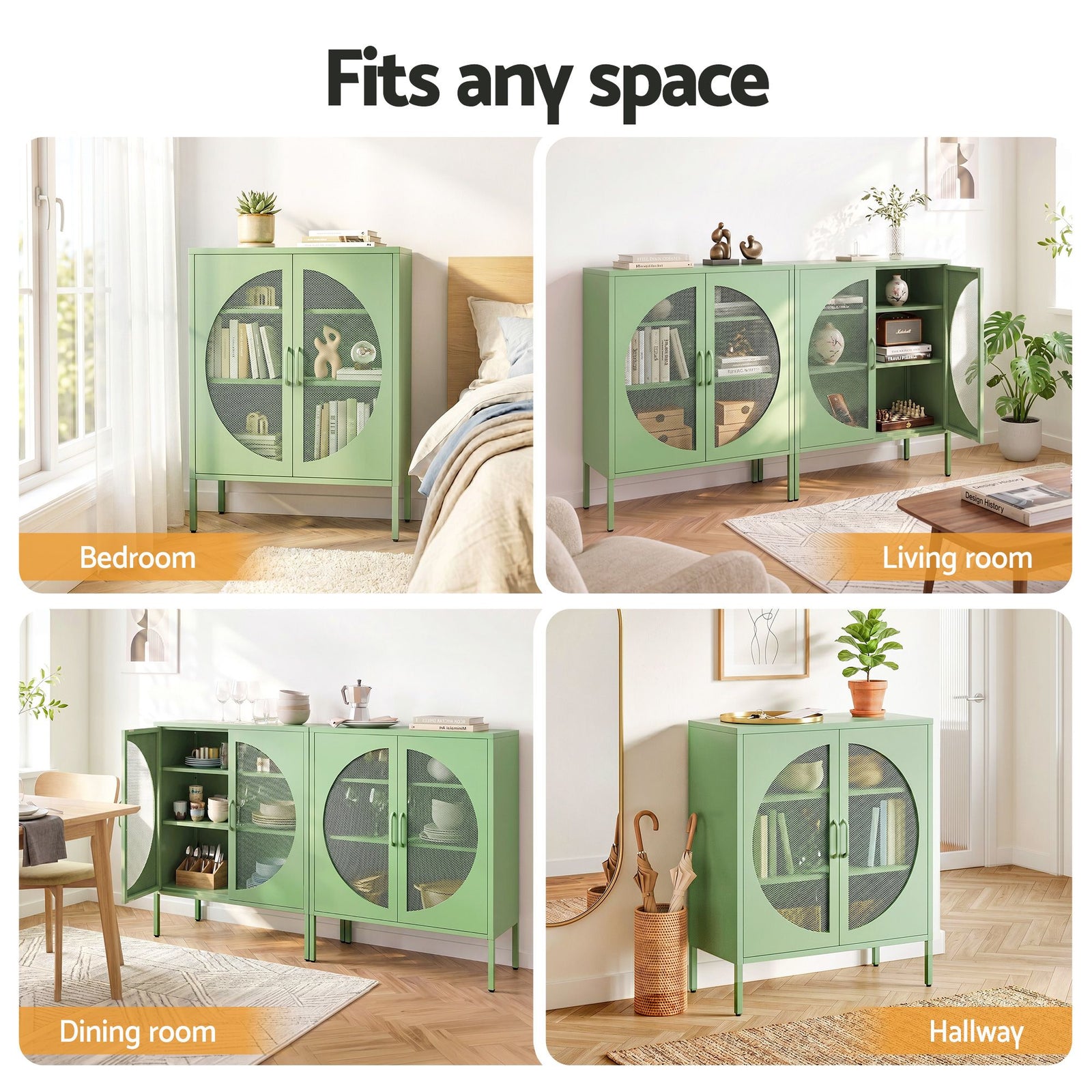 2x Buffet Sideboard Cabinet ELSA Cupboard Storage Mesh Doors Metal Green