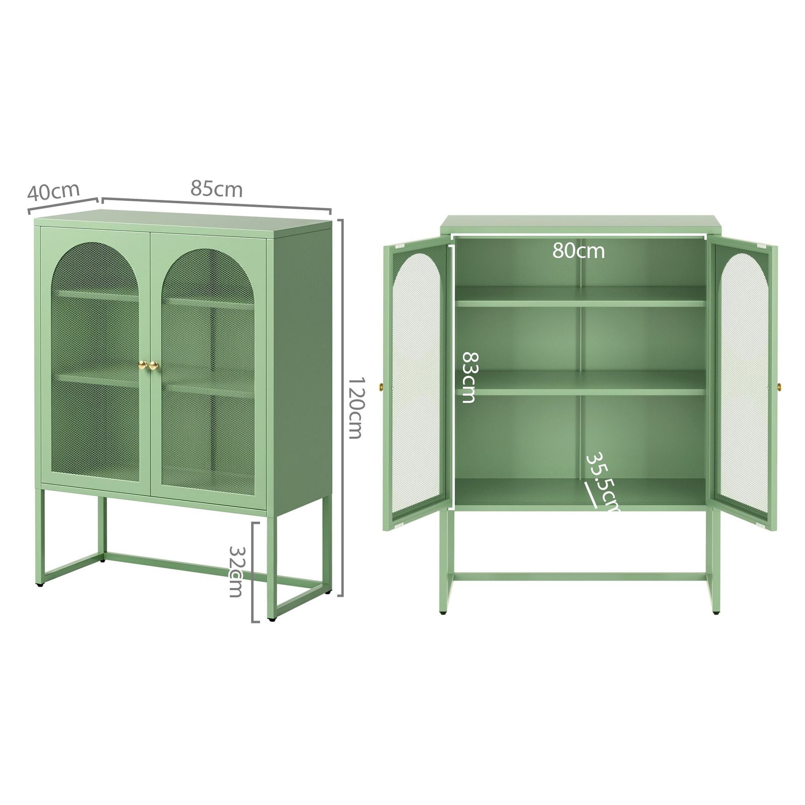 2x Buffet Sideboard Cabinet ELMA Cupboard Storage Mesh Doors Metal Green