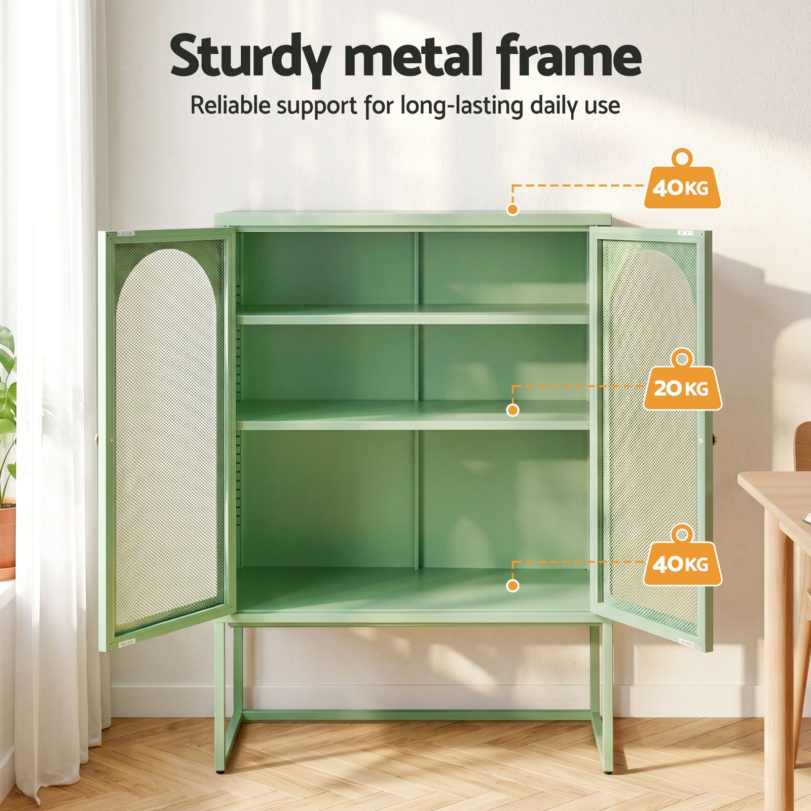 2x Buffet Sideboard Cabinet ELMA Cupboard Storage Mesh Doors Metal Green