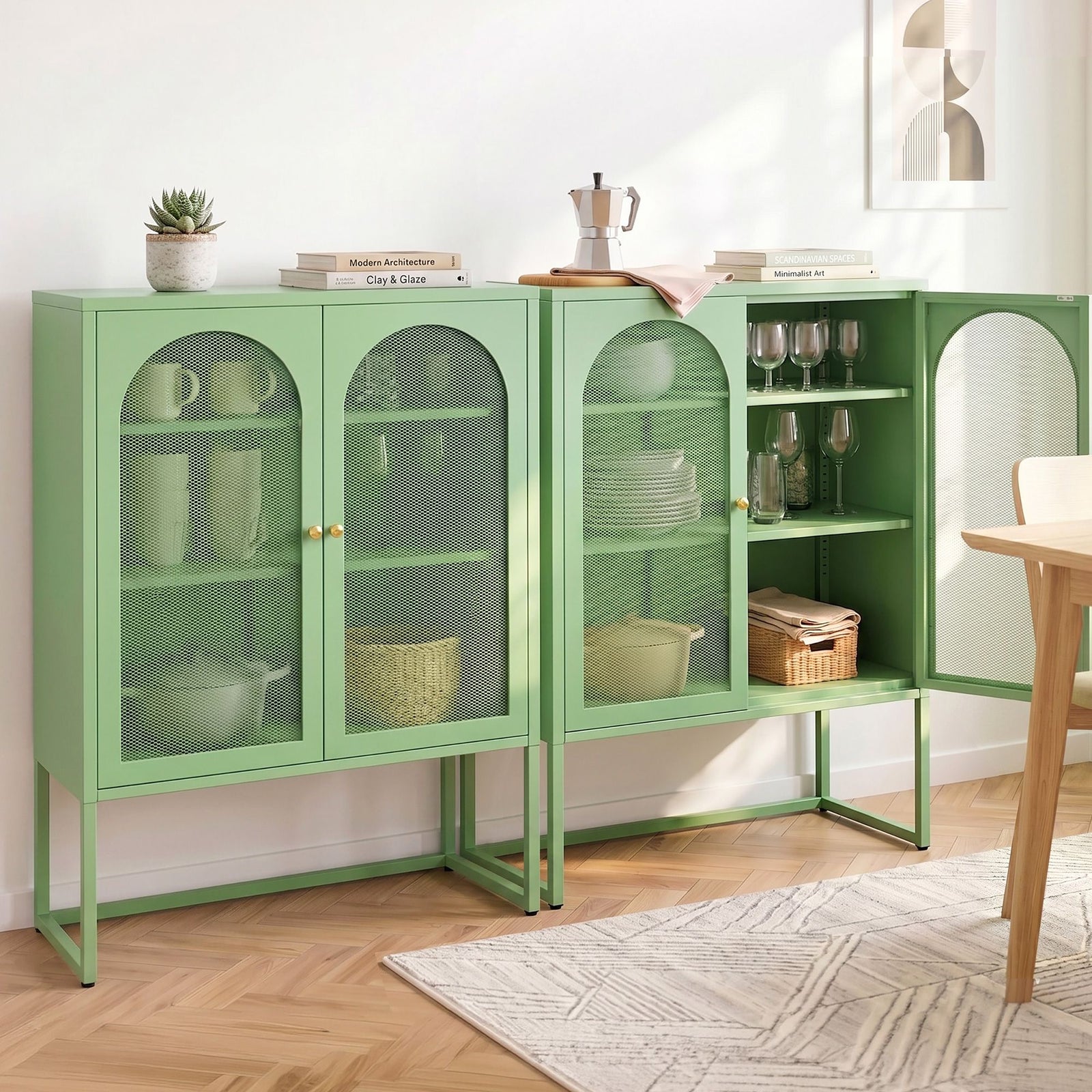 2x Buffet Sideboard Cabinet ELMA Cupboard Storage Mesh Doors Metal Green