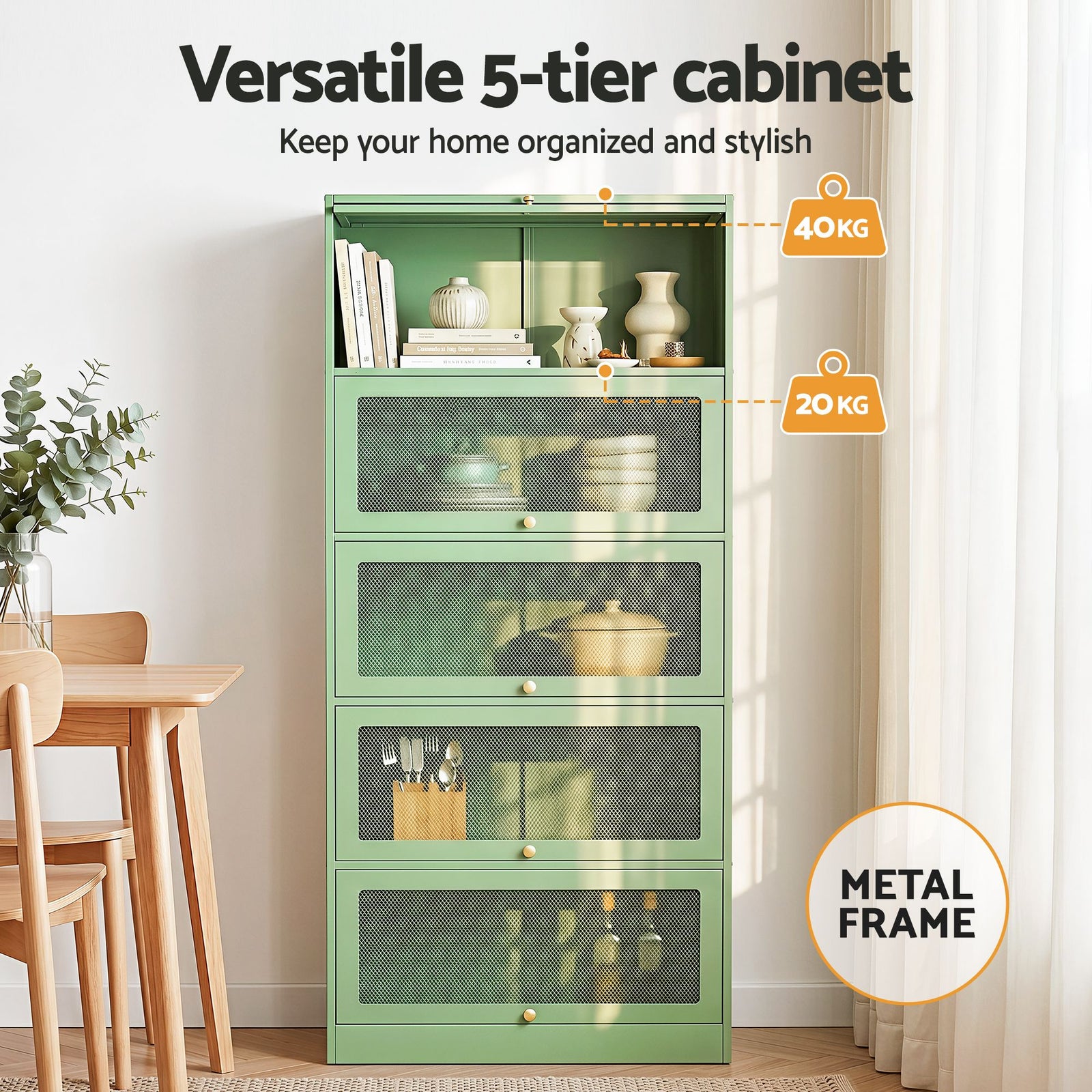 2x Buffet Sideboard Cabinet Storage Cupboard Mesh Doors Metal ELIA Green