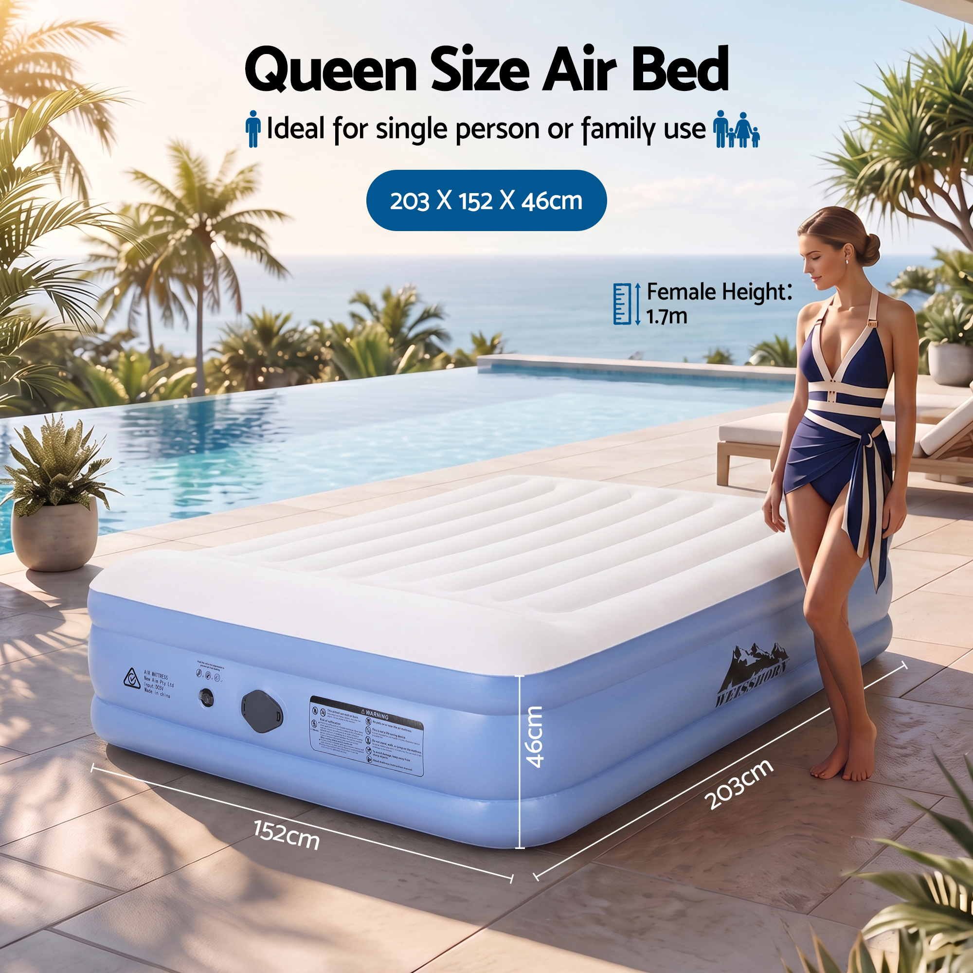 Weisshorn Queen Air Mattress with Rechargeable Cordless Pump 46cm