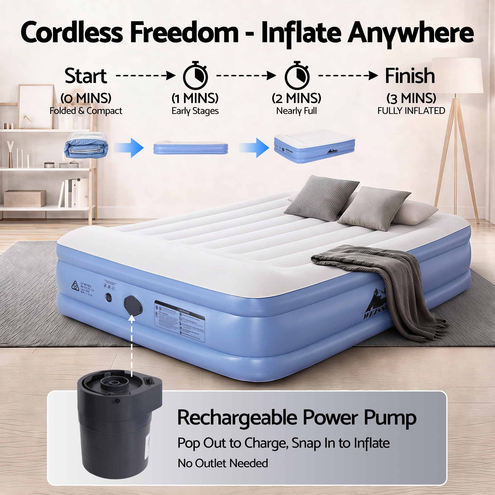 Weisshorn Queen Air Mattress with Rechargeable Cordless Pump 46cm