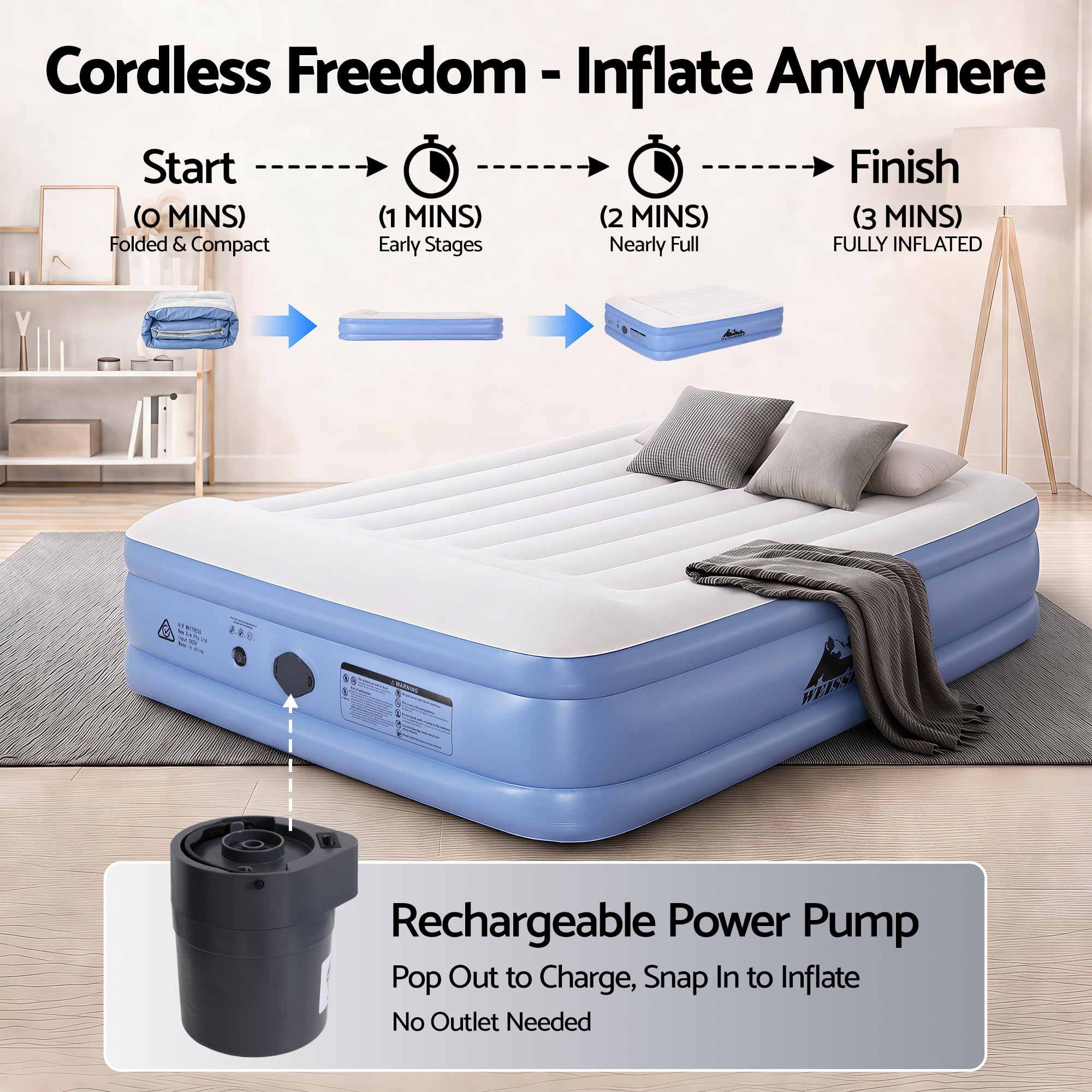 Weisshorn Queen Air Mattress with Rechargeable Cordless Pump 50cm