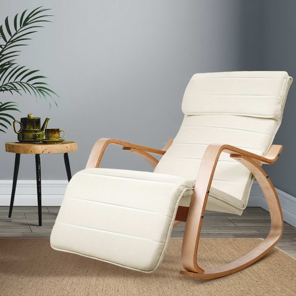 Bentwood Rocking Armchair – Birch, Cotton Fabric, 5‑Level Footrest, Beige