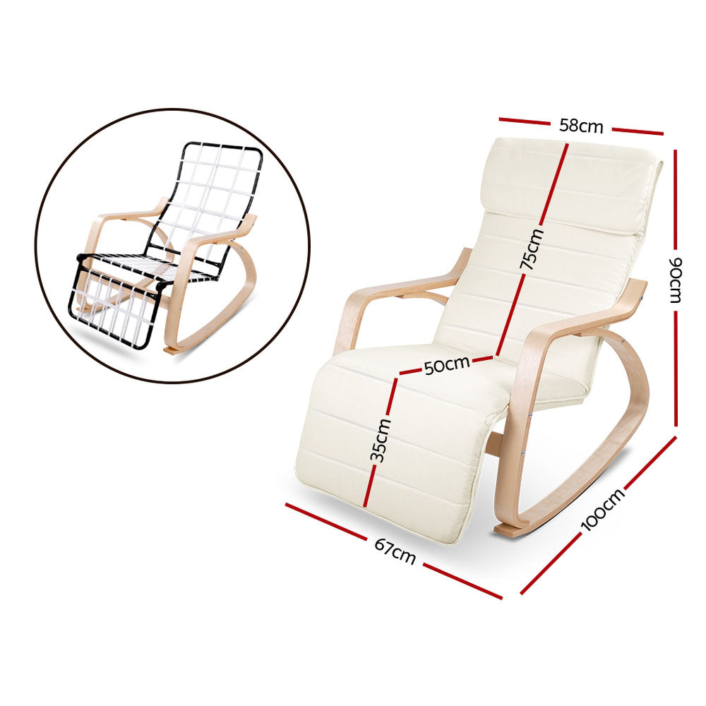 Bentwood Rocking Armchair – Birch, Cotton Fabric, 5‑Level Footrest, Beige