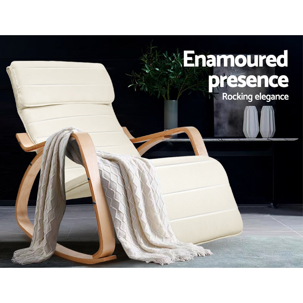 Bentwood Rocking Armchair – Birch, Cotton Fabric, 5‑Level Footrest, Beige