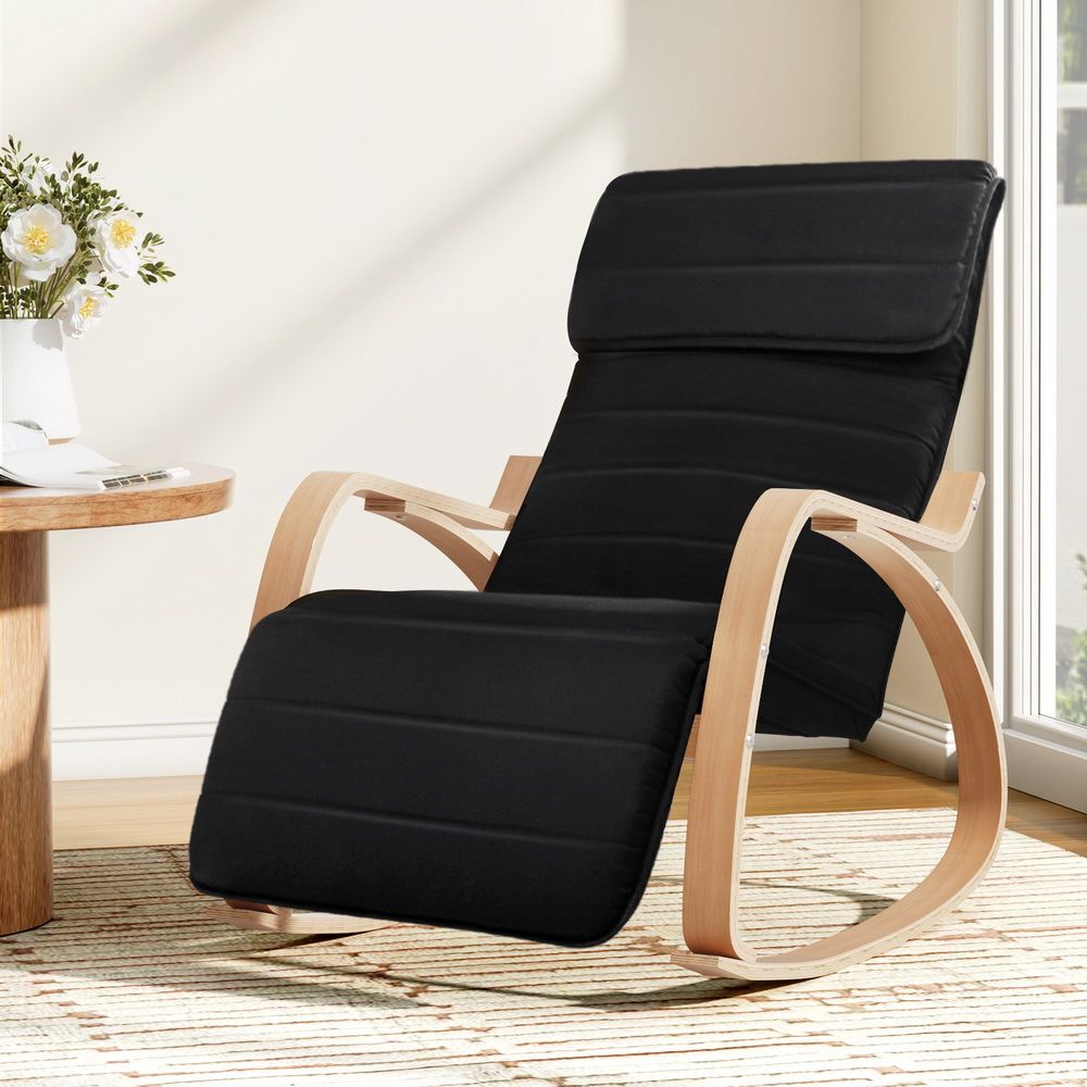 Bentwood Rocking Armchair Adjustable Footrest Cotton Lounge Chair Black