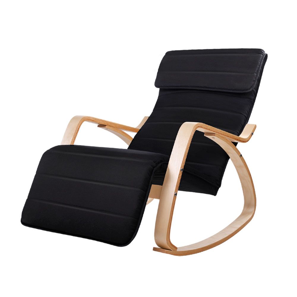 Bentwood Rocking Armchair Adjustable Footrest Cotton Lounge Chair Black