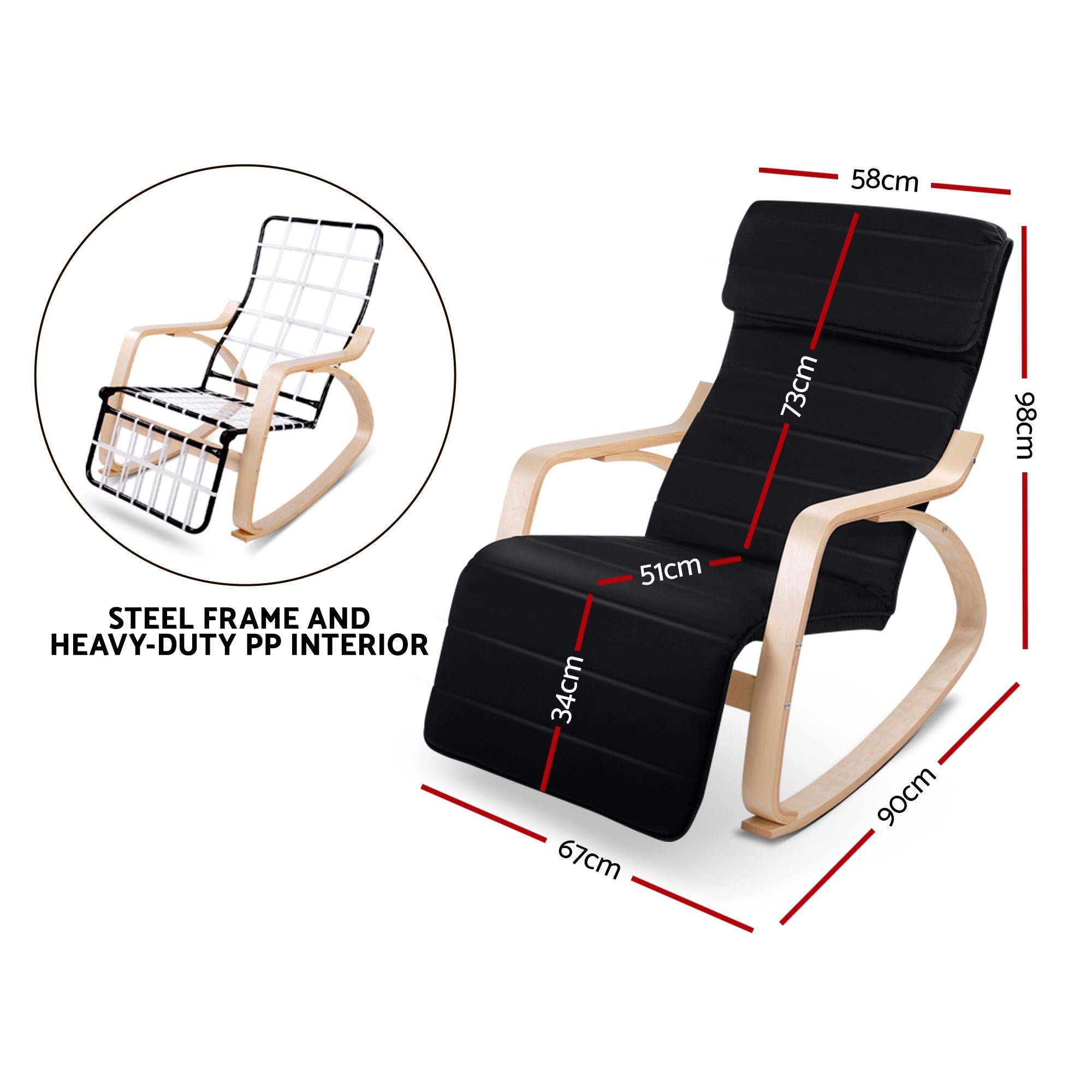 Bentwood Rocking Armchair Adjustable Footrest Cotton Lounge Chair Black