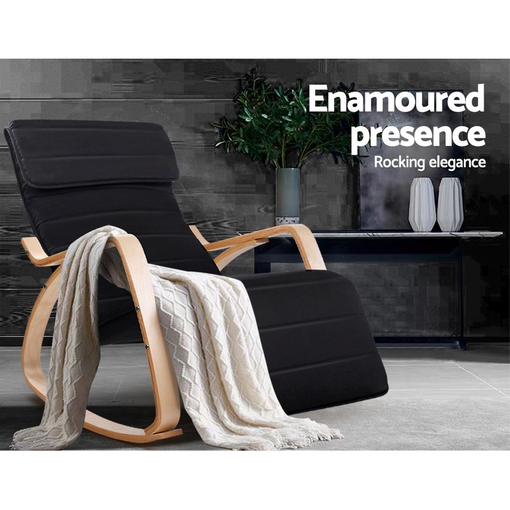 Bentwood Rocking Armchair Adjustable Footrest Cotton Lounge Chair Black