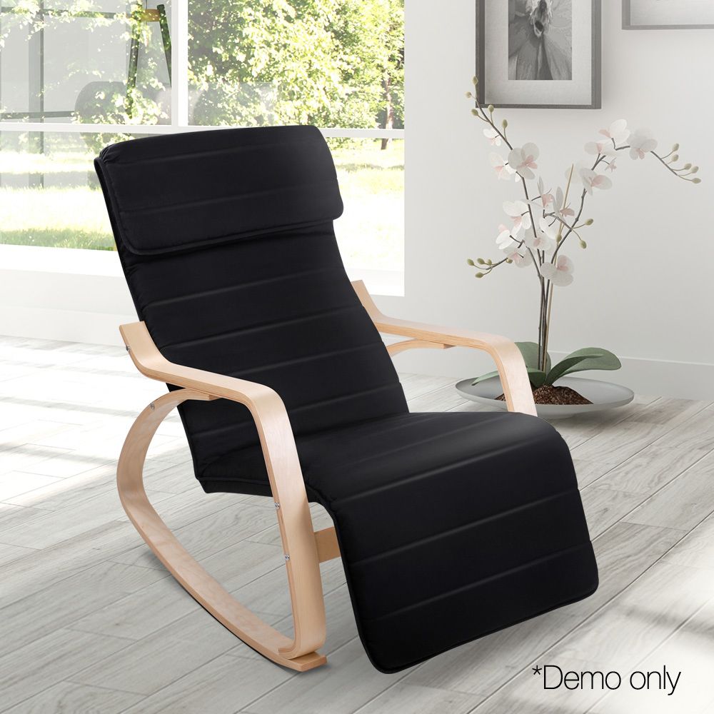 Artiss Bentwood Rocking Armchair Adjustable Footrest Cotton Lounge Chair Black