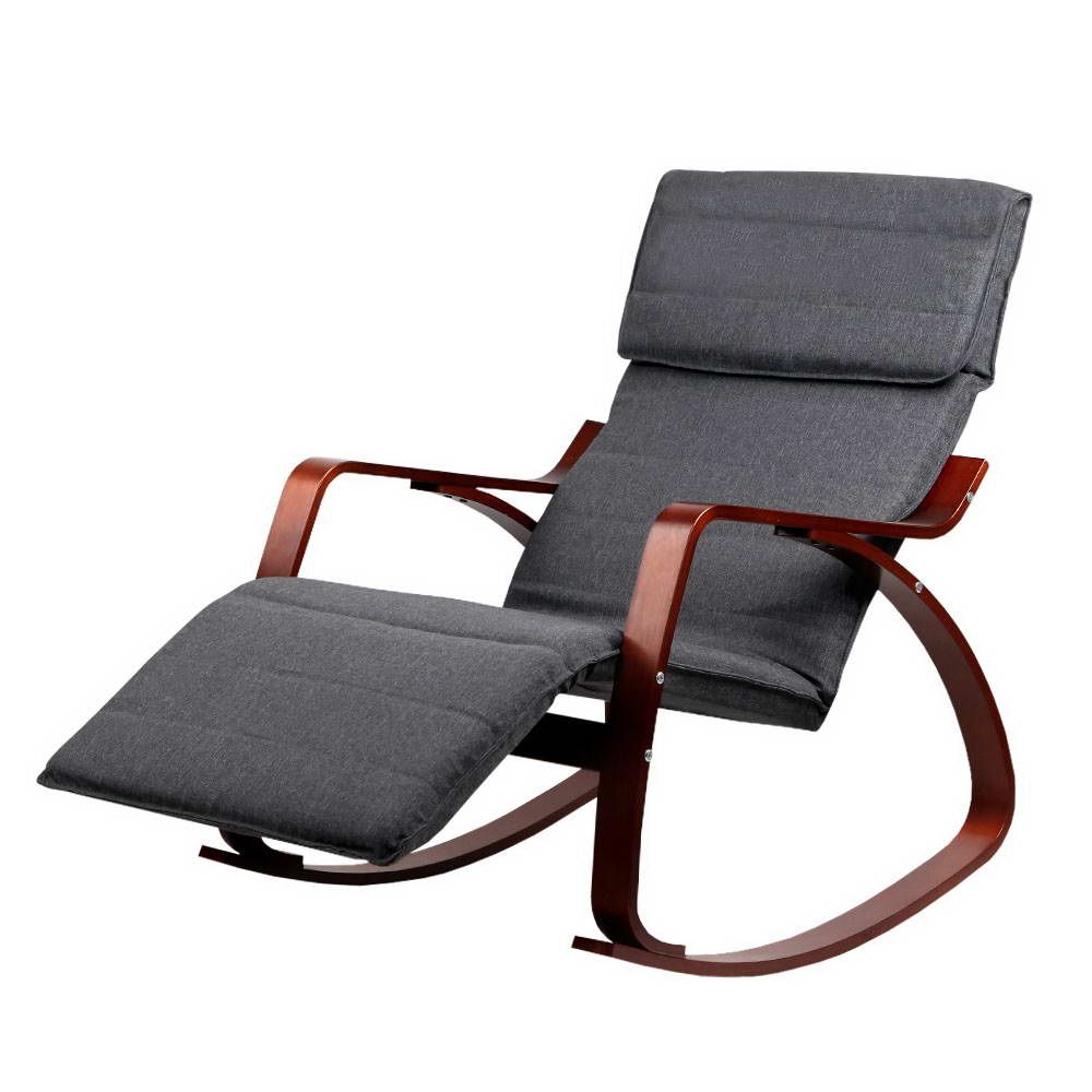 Bentwood Rocking Armchair Adjustable Footrest Linen Lounge Chair Grey