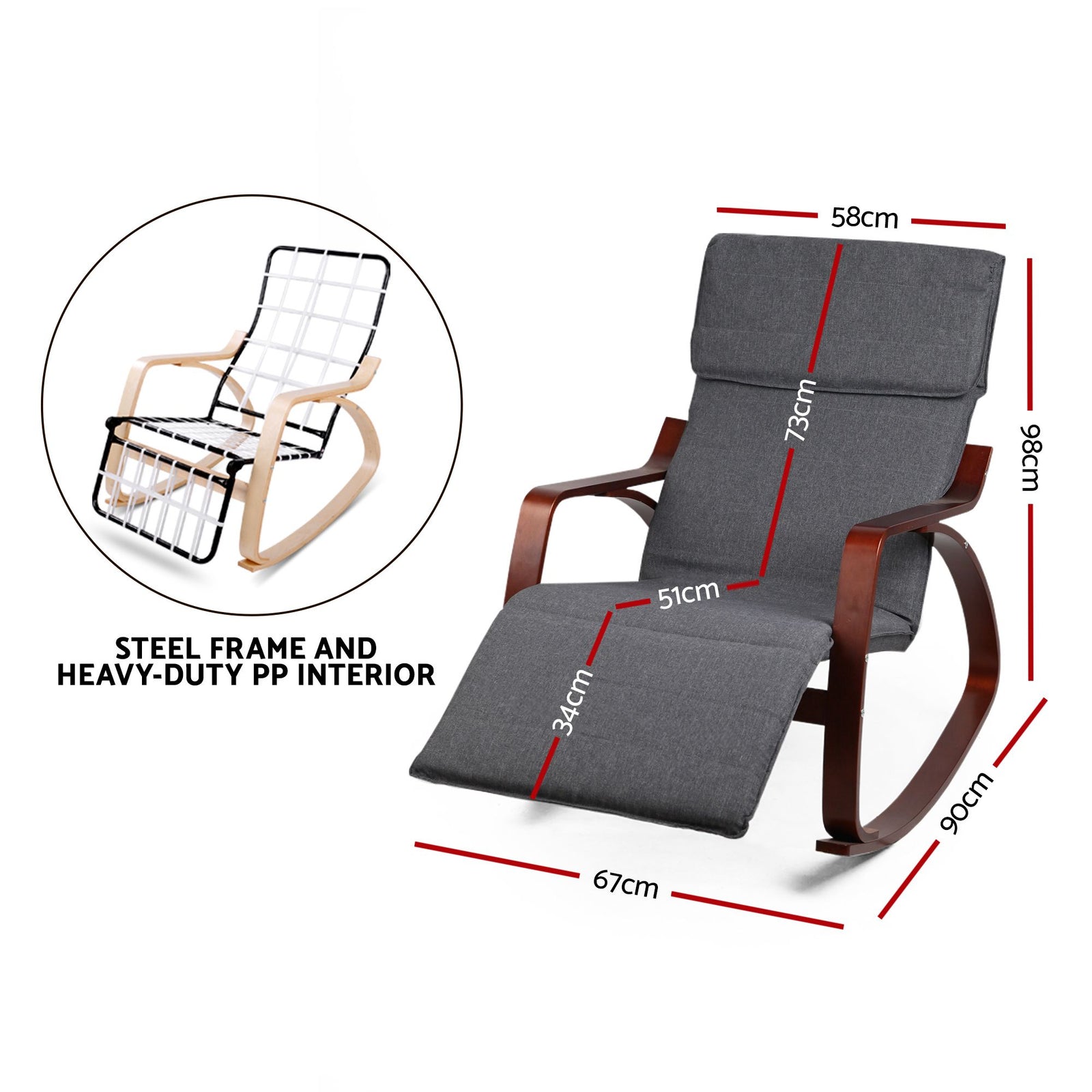 Bentwood Rocking Armchair Adjustable Footrest Linen Lounge Chair Grey
