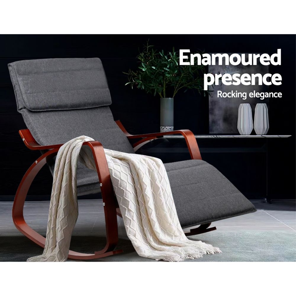 Bentwood Rocking Armchair Adjustable Footrest Linen Lounge Chair Grey