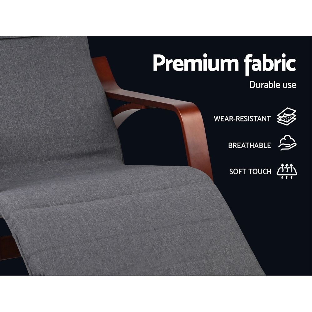 Bentwood Rocking Armchair Adjustable Footrest Linen Lounge Chair Grey