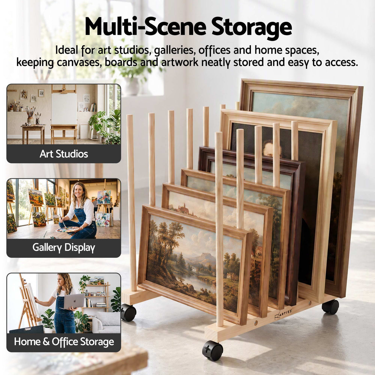 Artiss Compact Art Drying & Canvas Storage Rack with Wheels Solid Wood 50cm