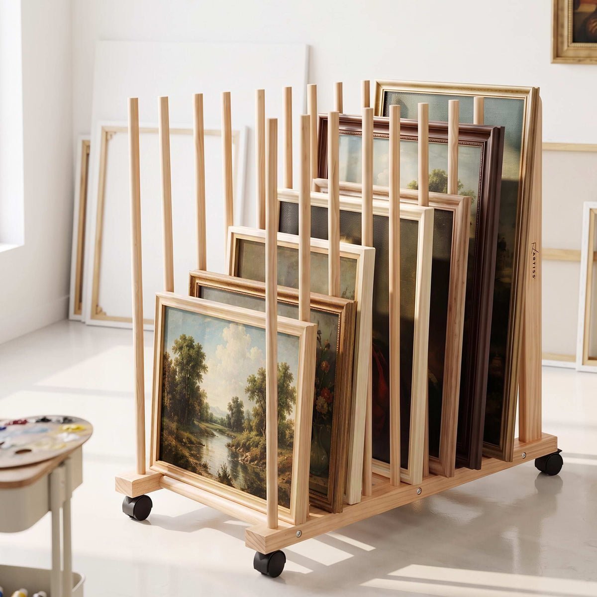 Artiss Art Drying & Canvas Storage Rack with Wheels Solid Wood 76cm Lightwood