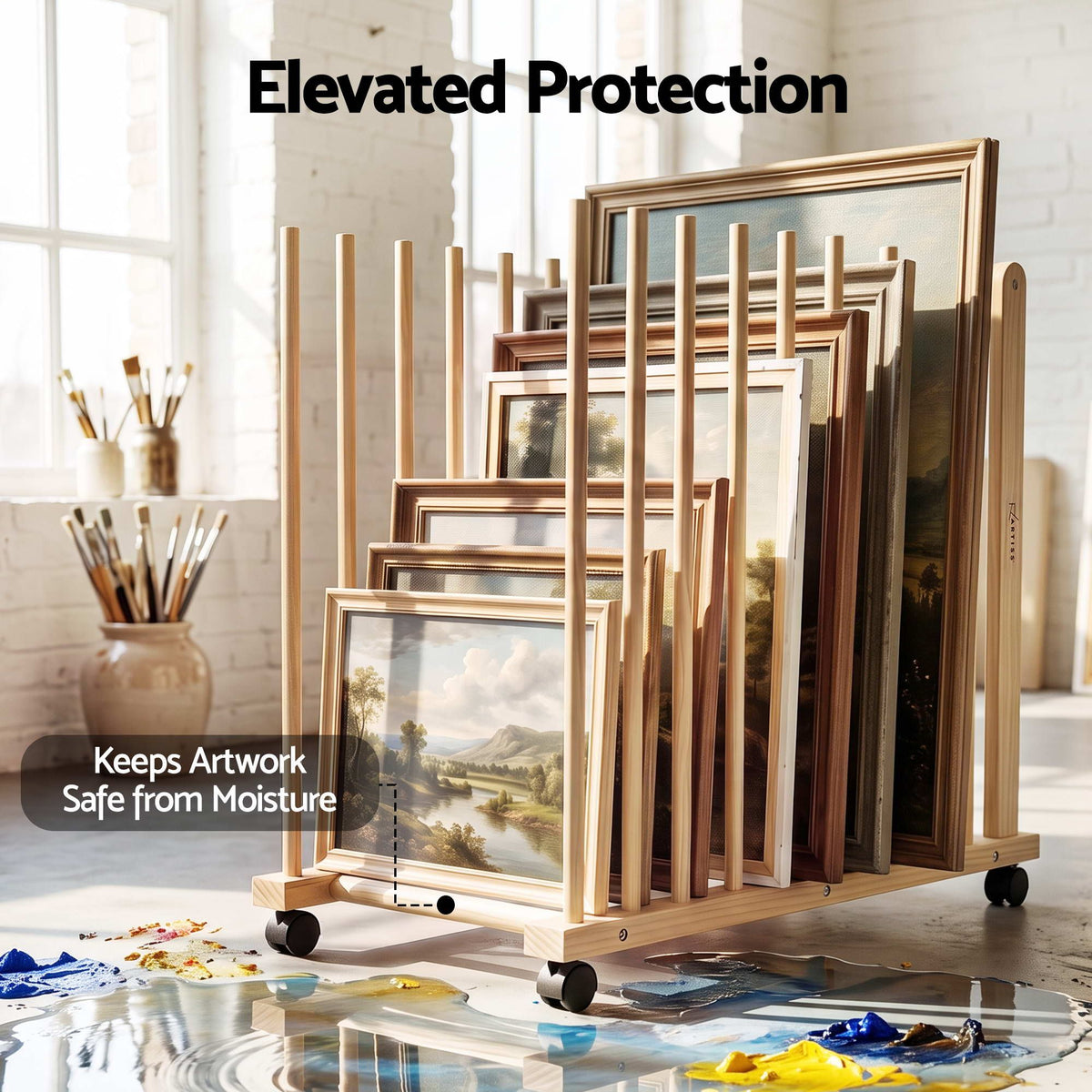 Artiss Art Drying & Canvas Storage Rack with Wheels Solid Wood 76cm Lightwood