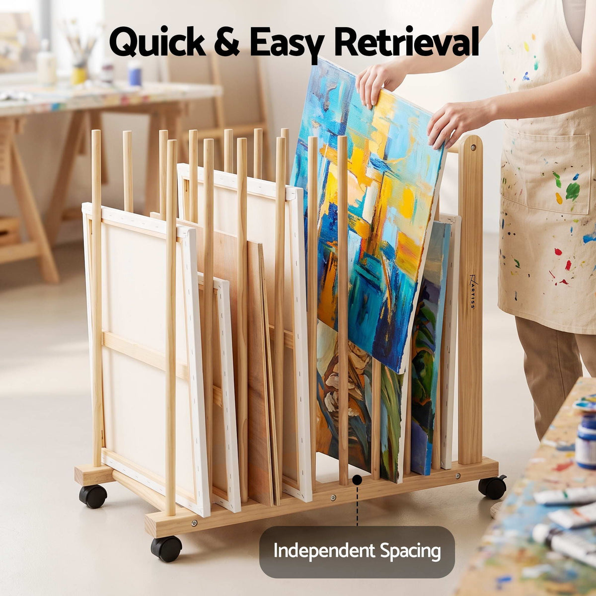 Artiss Art Drying & Canvas Storage Rack with Wheels Solid Wood 76cm Lightwood