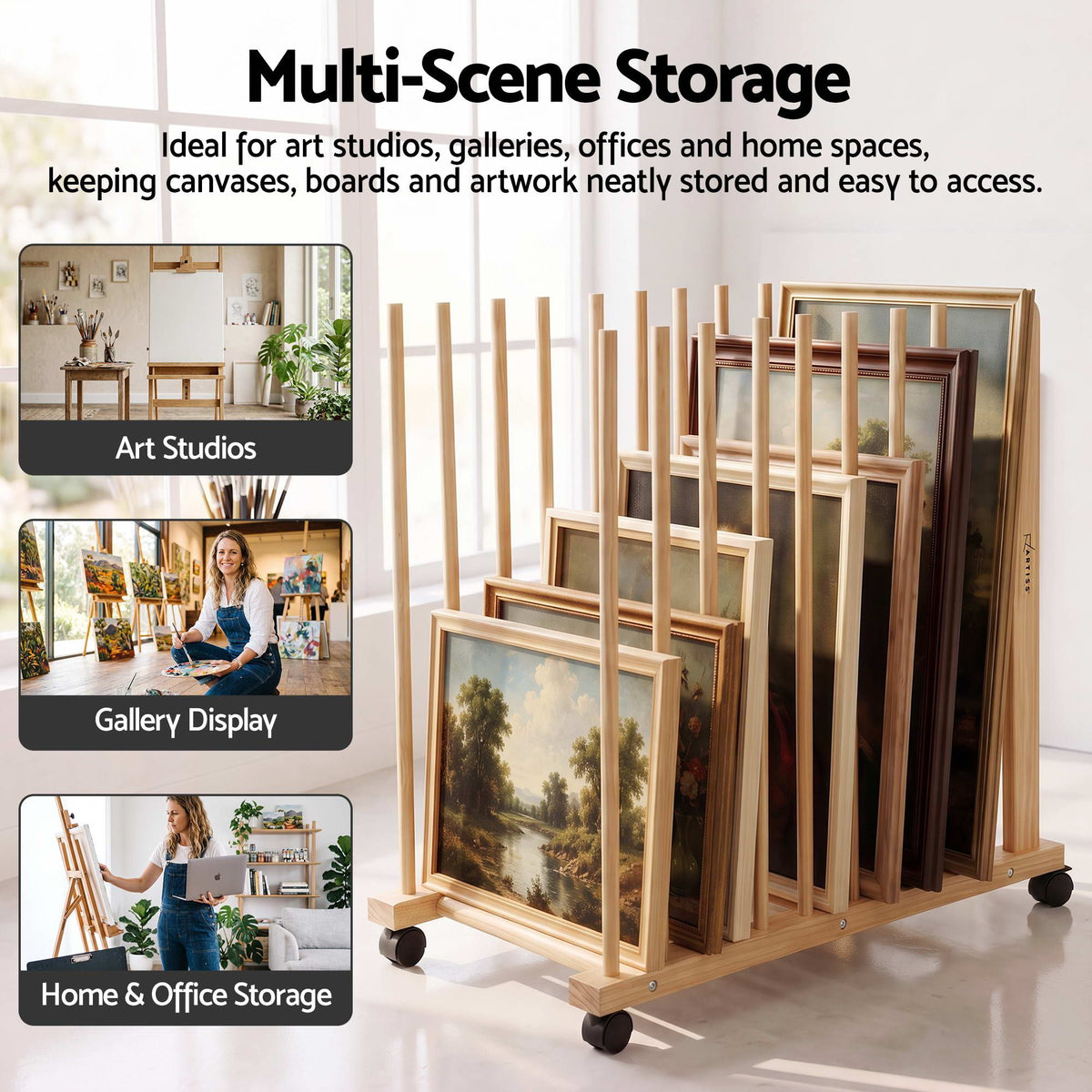 Artiss Art Drying & Canvas Storage Rack with Wheels Solid Wood 76cm Lightwood