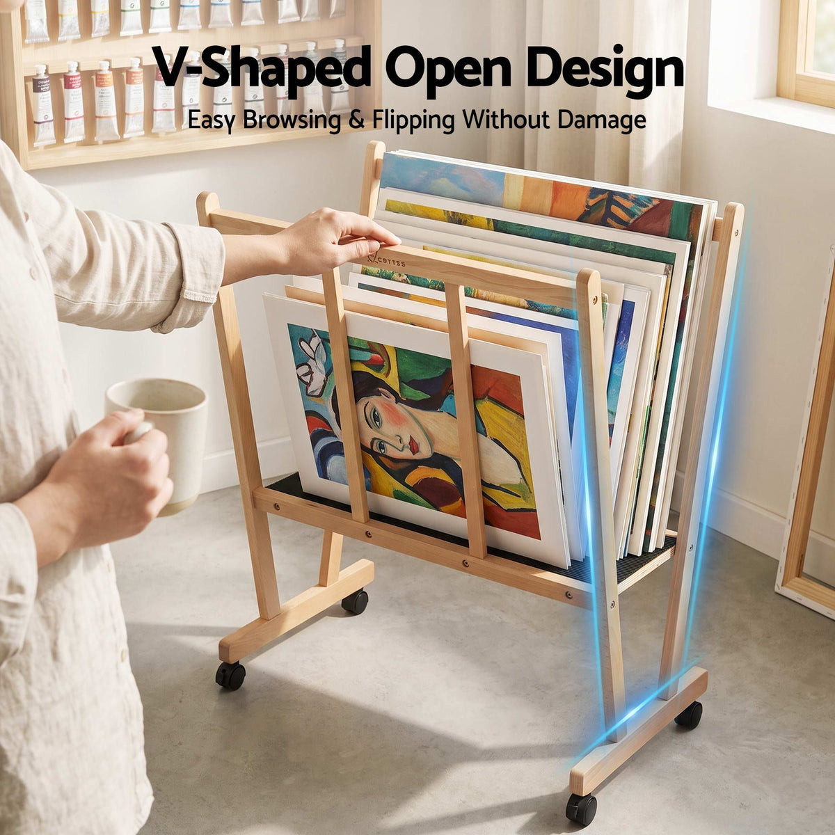 Artiss Art Print Rack with Castors Beech Wood Canvas Drying Storage Display Rack