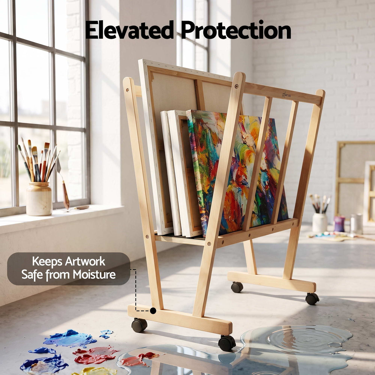 Artiss Art Print Rack with Castors Beech Wood Canvas Drying Storage Display Rack