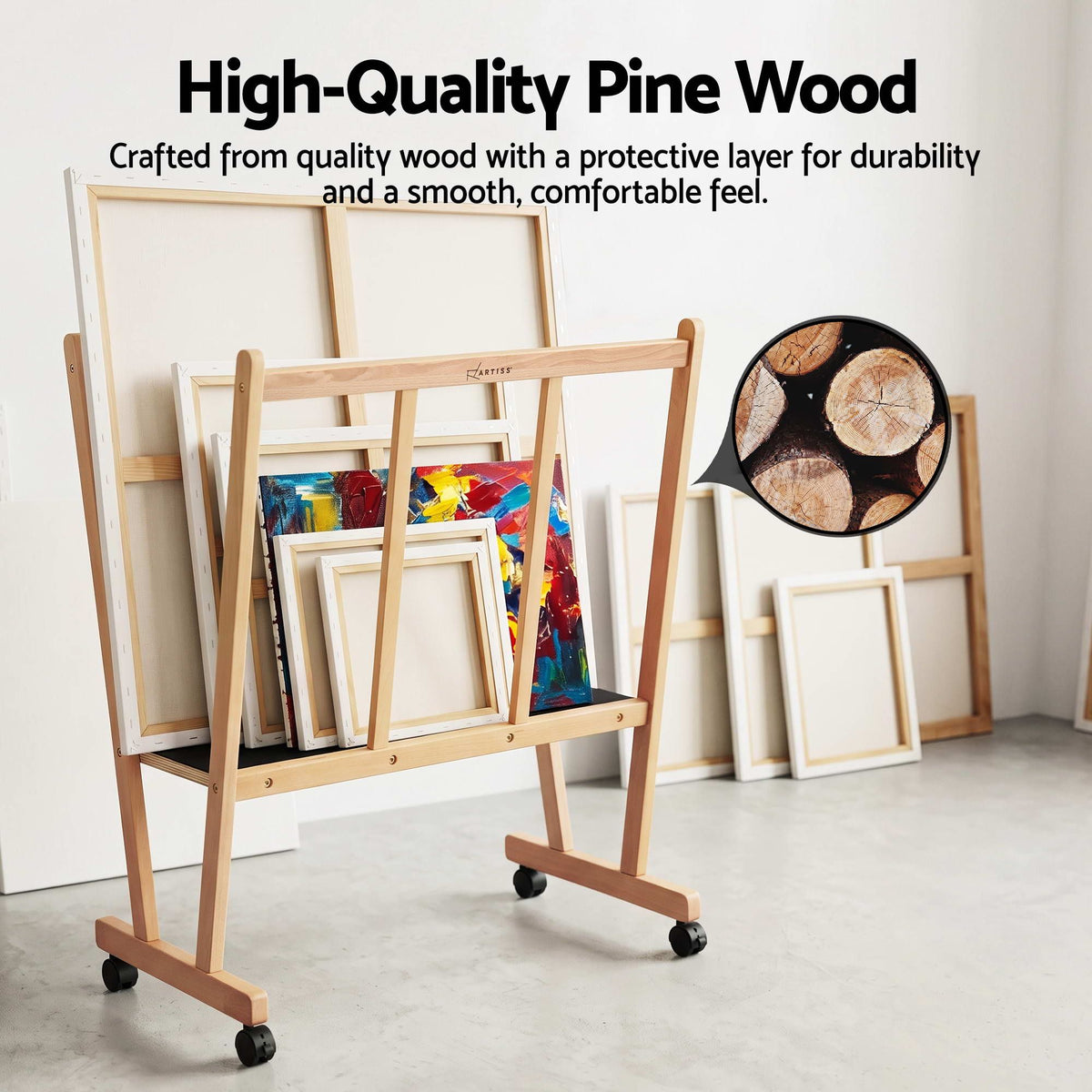 Artiss Art Print Rack with Castors Beech Wood Canvas Drying Storage Display Rack