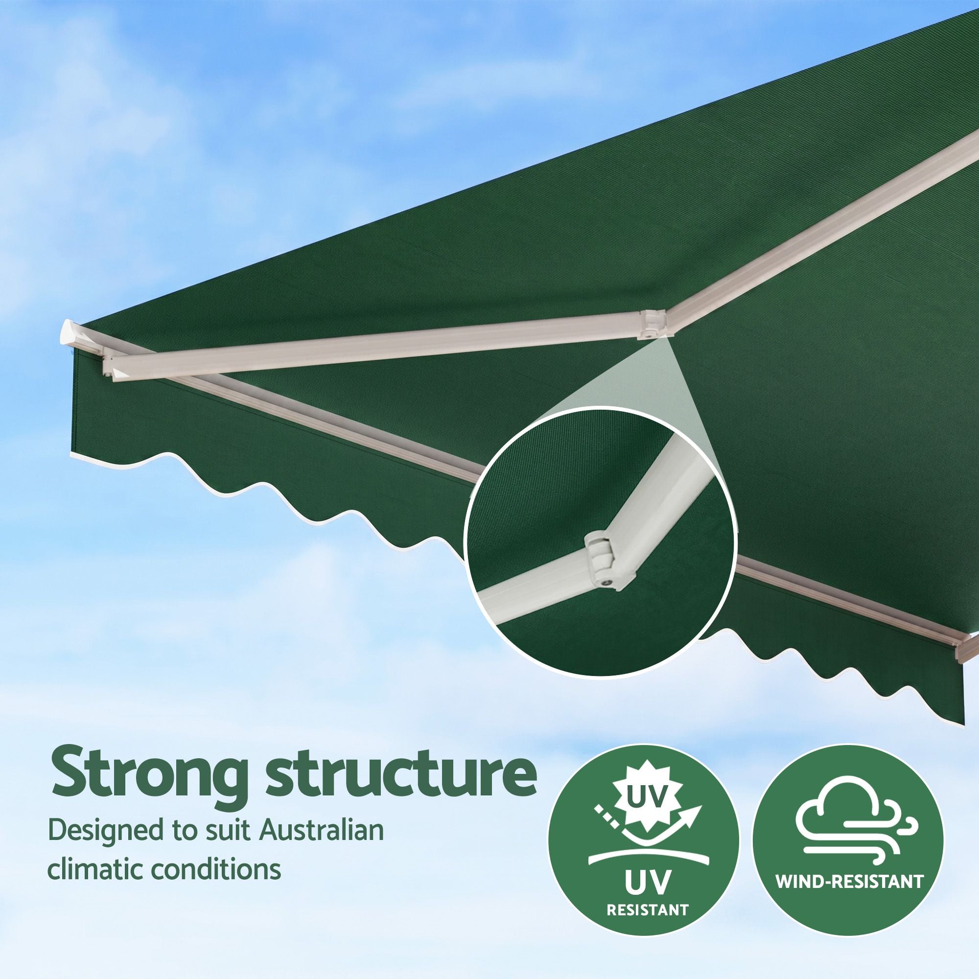Folding Arm Awning – 5×3m Retractable Shade, UV‑Resistant, Dark Green