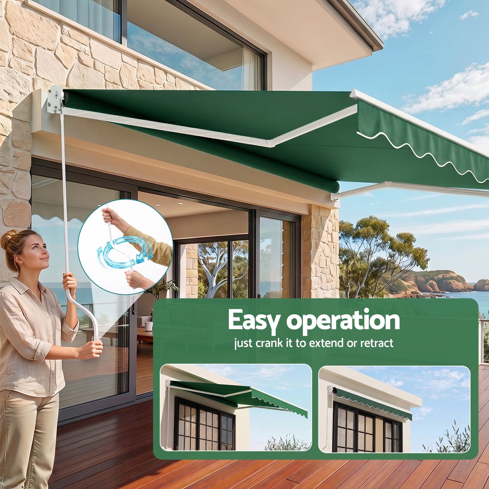 Folding Arm Awning – 5×3m Retractable Shade, UV‑Resistant, Dark Green