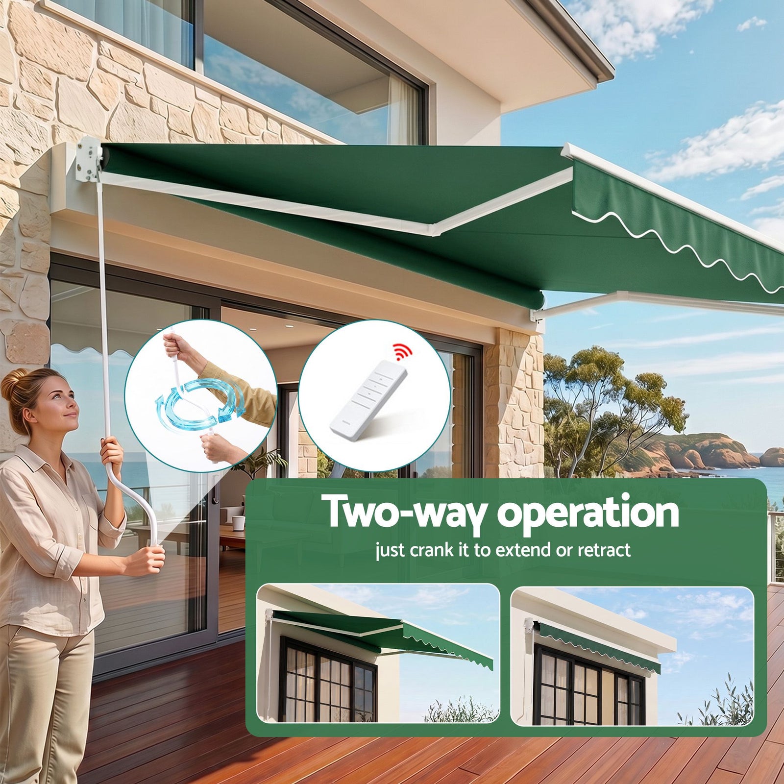 Motorised Folding Arm Awning 5×3m – Retractable Sunshade Dark Green