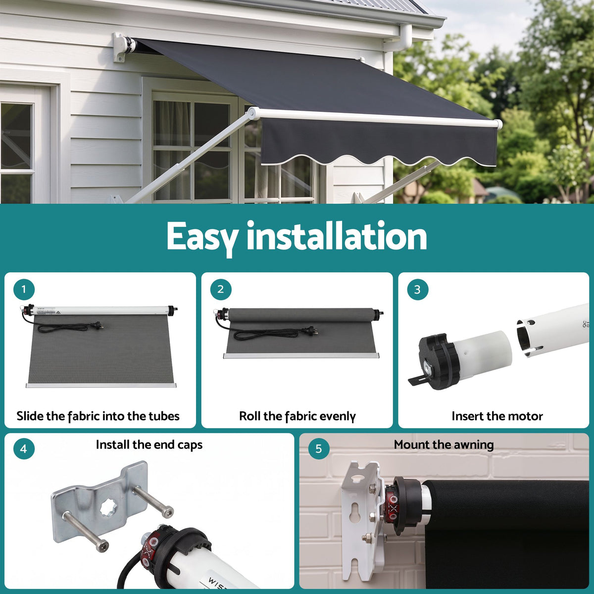 Instahut Pivot Arm Awning Motor Replacement Kit with Remote, 230V 155W Tubular
