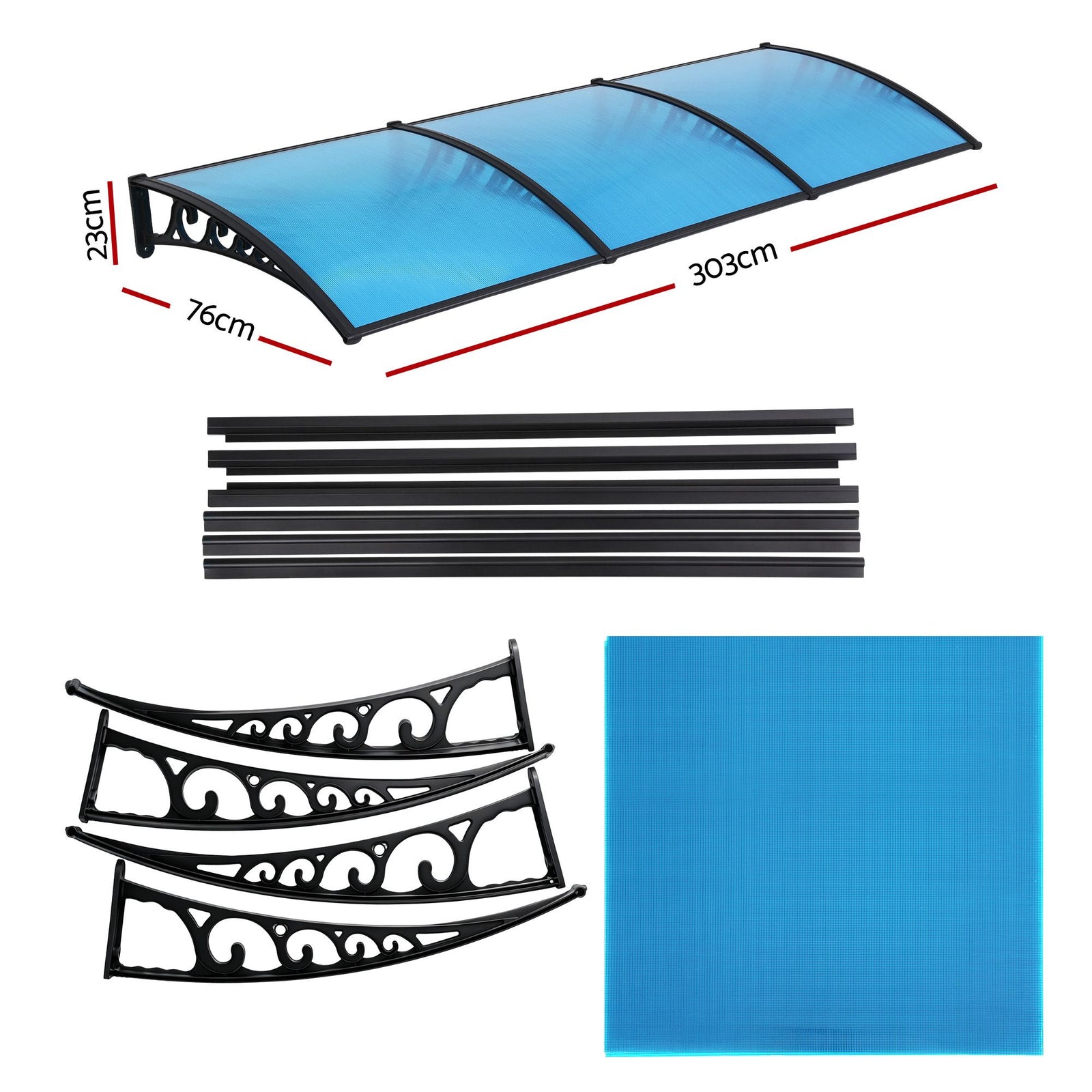 Door & Window Awning – 1×3M PC Panel, UV/Rain Resistant, Blue/Black