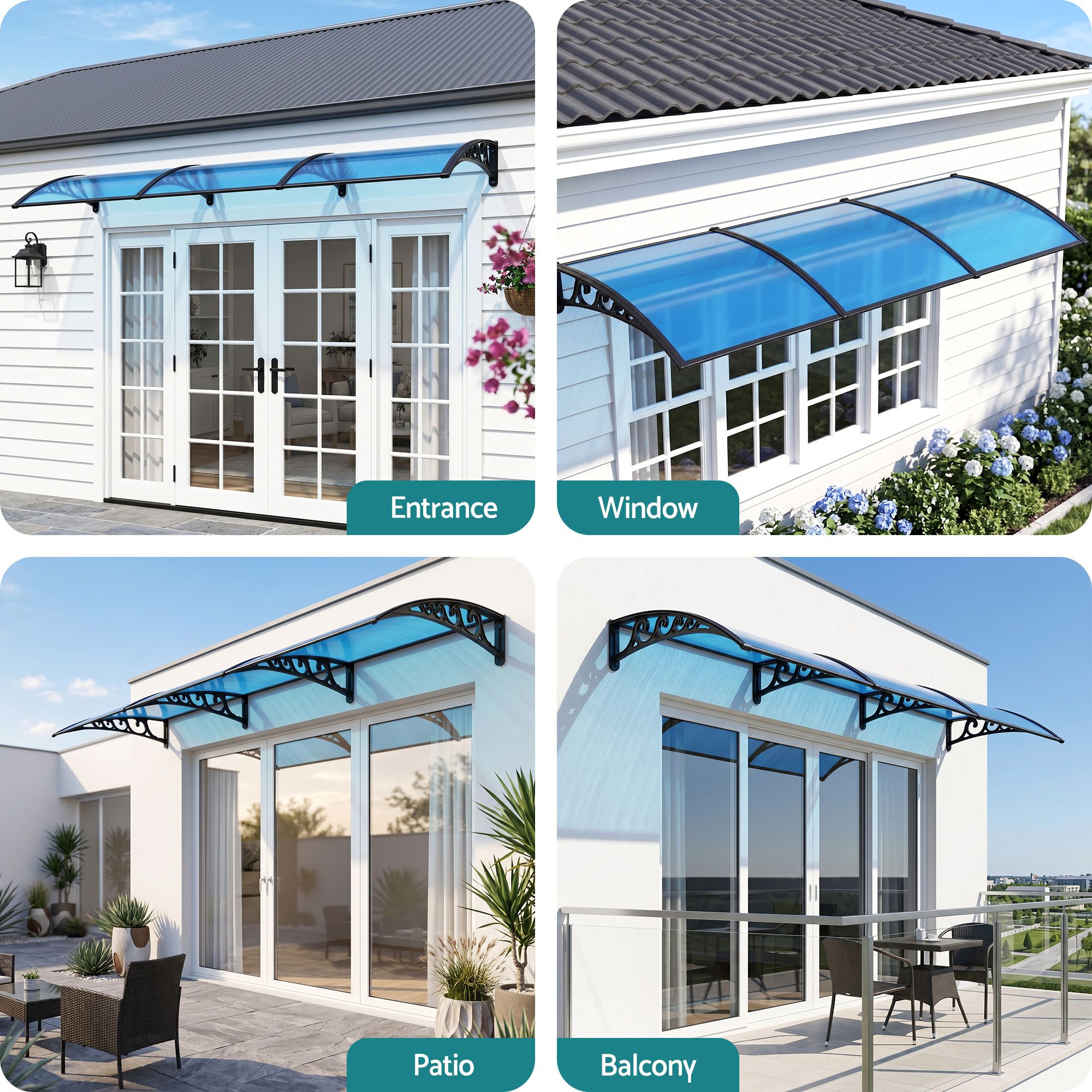 Door & Window Awning – 1×3M PC Panel, UV/Rain Resistant, Blue/Black