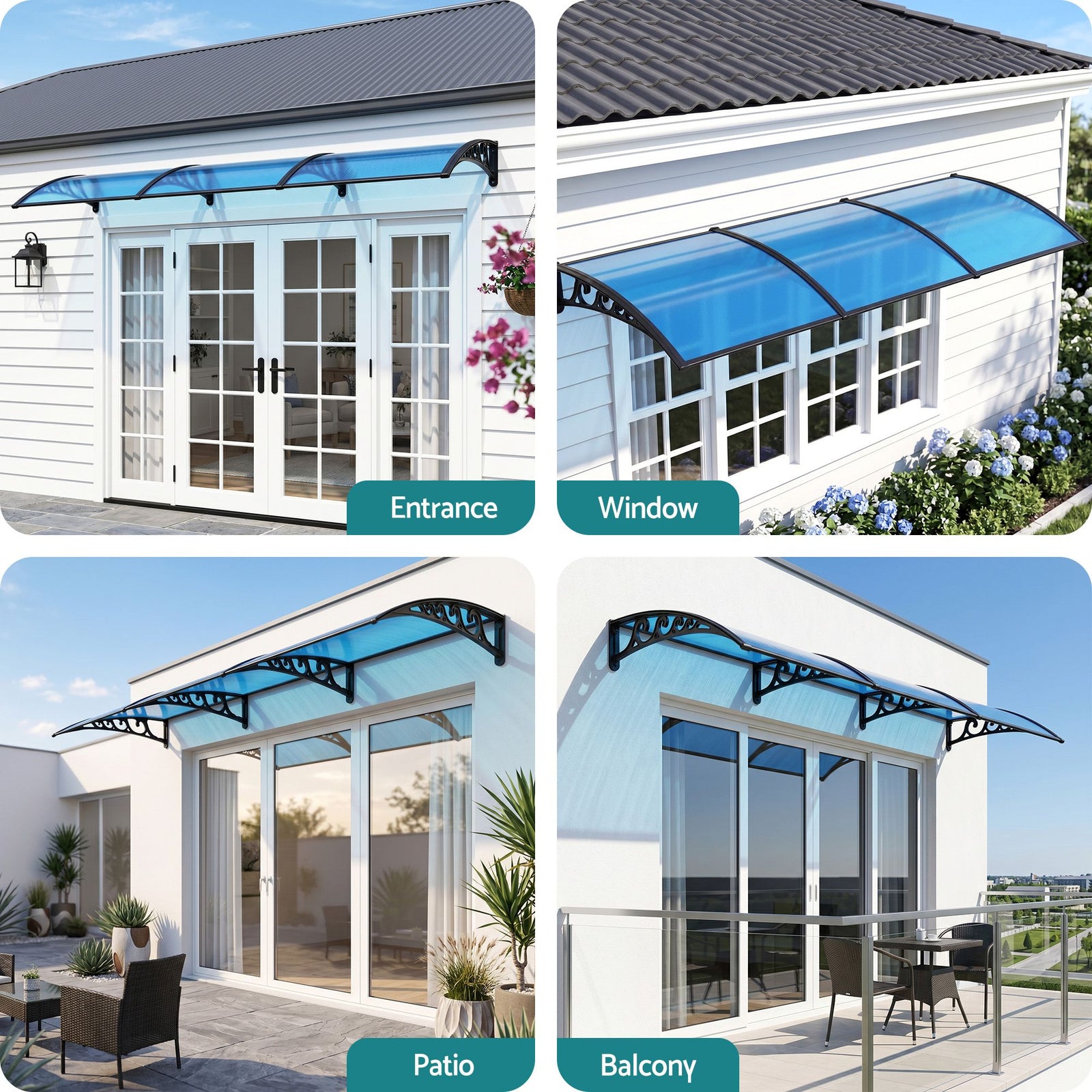 Door & Window Awning – 1×3M PC Panel, UV/Rain Resistant, Blue/Black
