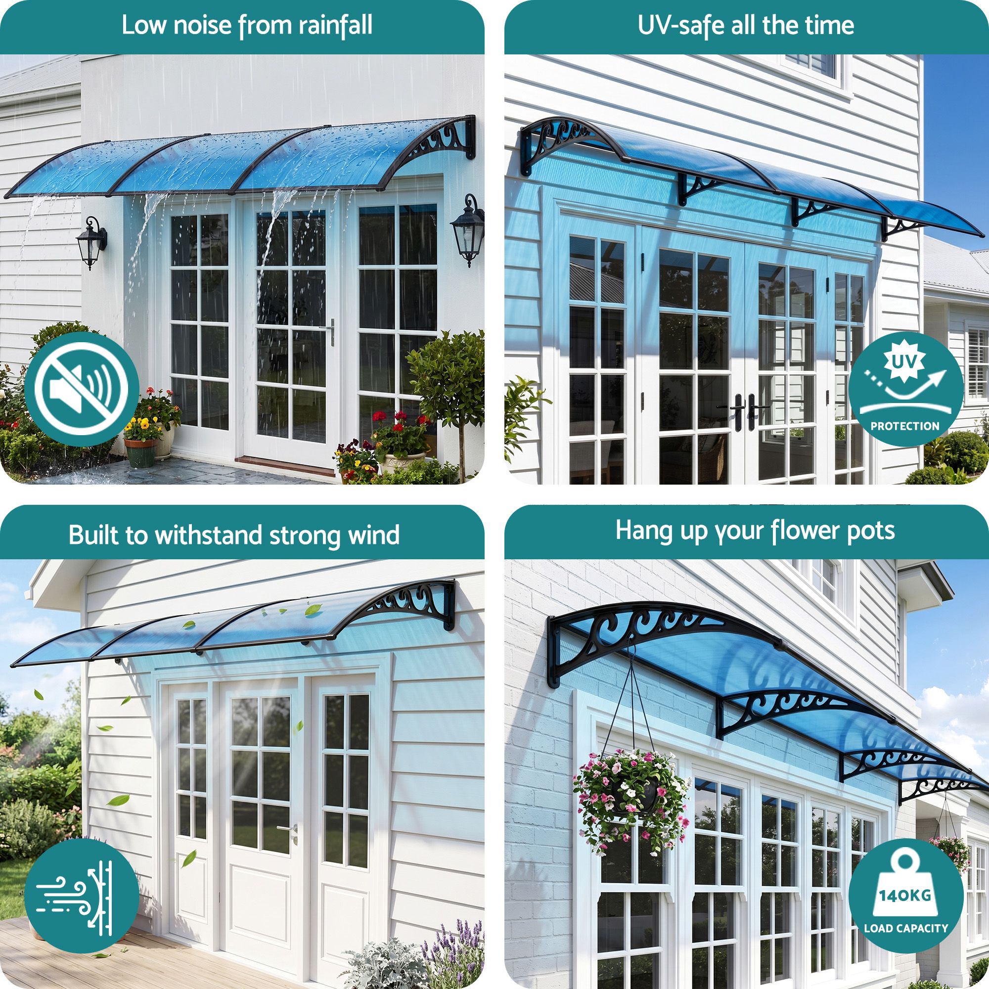 Door & Window Awning – 1×3M PC Panel, UV/Rain Resistant, Blue/Black