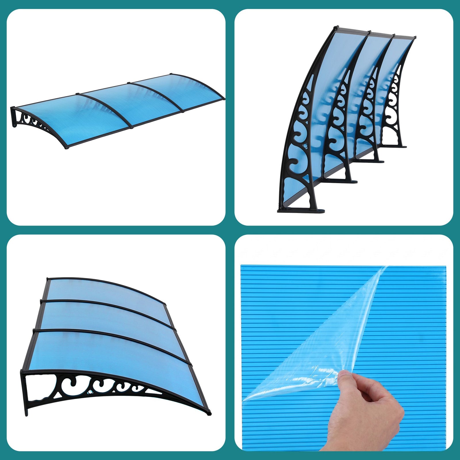 Door & Window Awning – 1×3M PC Panel, UV/Rain Resistant, Blue/Black