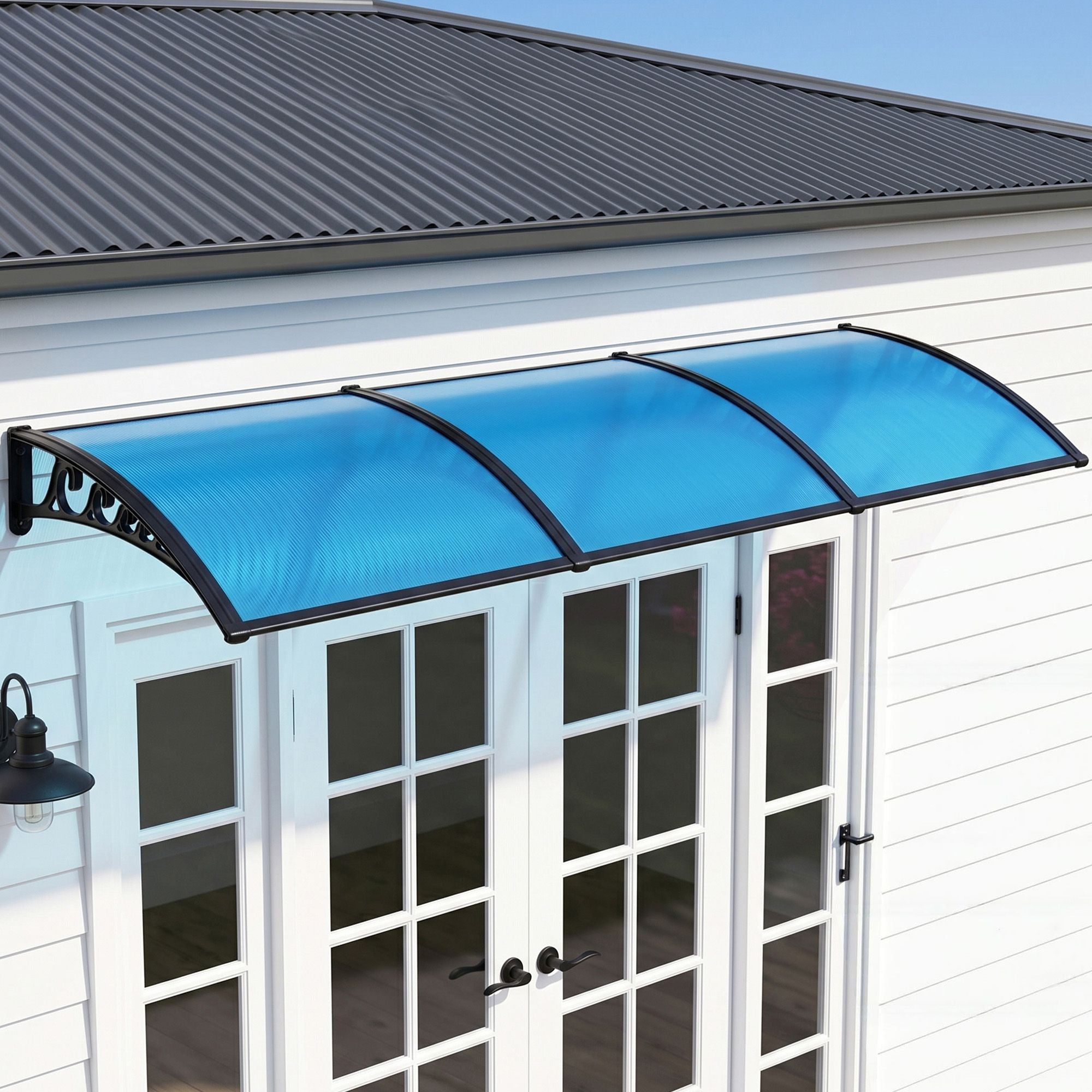 Door & Window Awning – 1×3M PC Panel, UV/Rain Resistant, Blue/Black