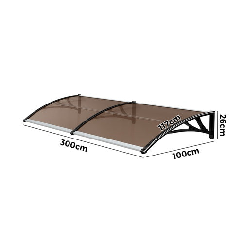 Window & Door Awning Canopy, 3m x 1m, Aluminium Frame Sun Shield
