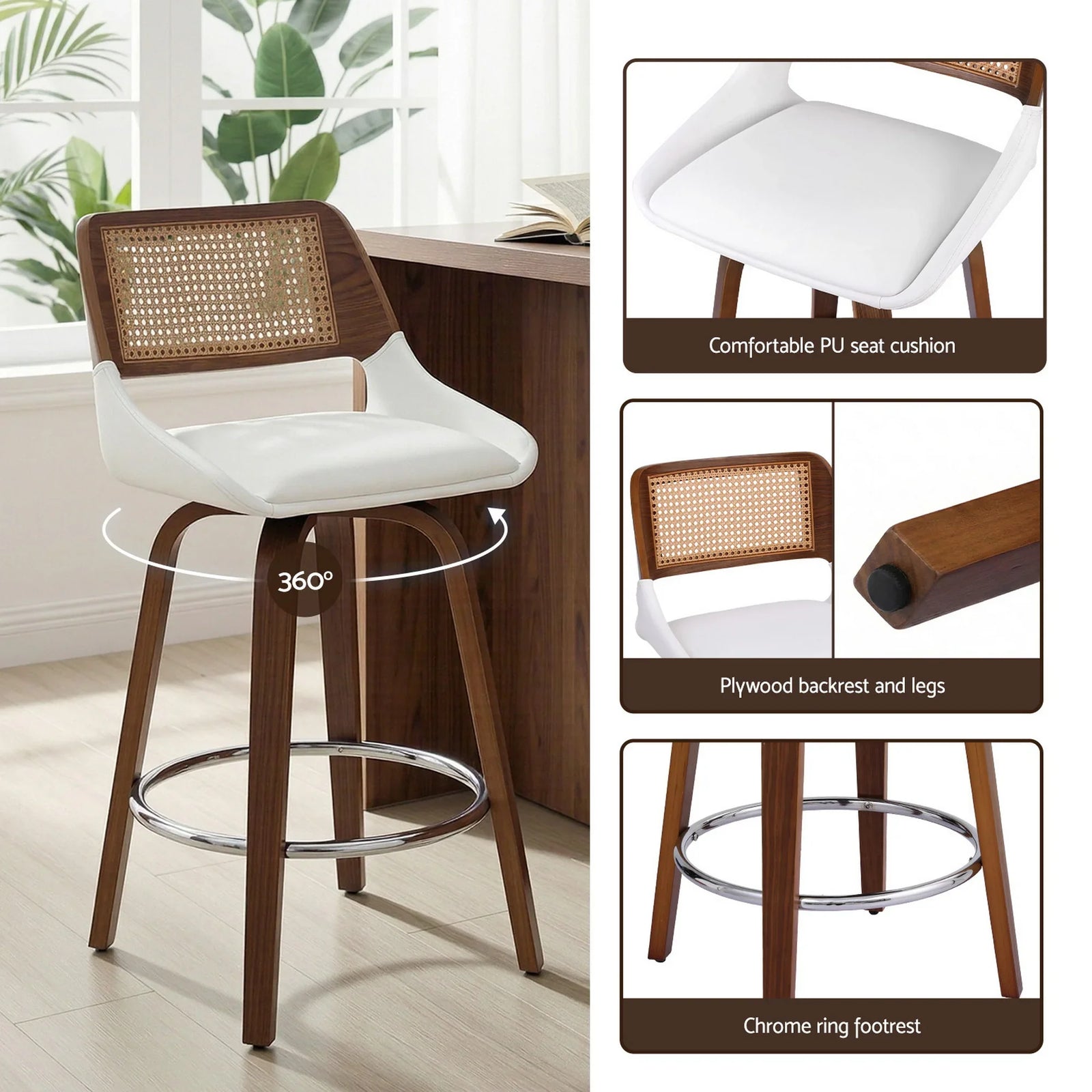 Wooden Bar Stools Swivel Kitchen Counter Stool Chair 60cm Seat Height
