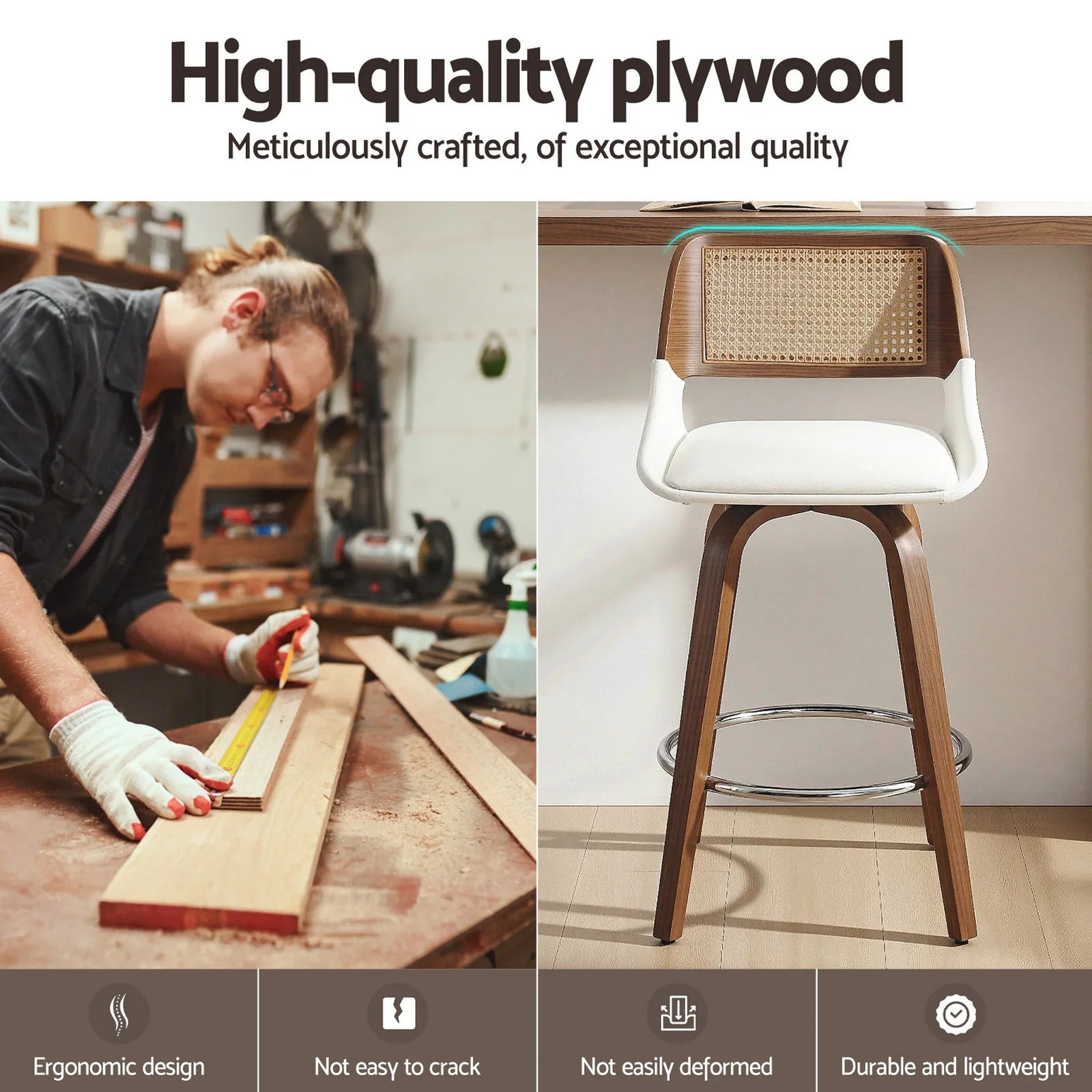 Wooden Bar Stools Set of 4 Swivel Kitchen Counter Stool Chair 60cm Seat Height