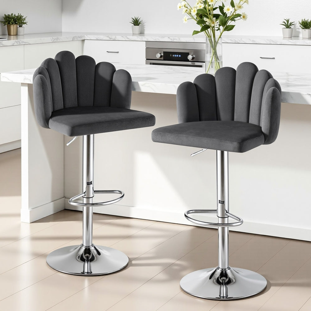 Bar Stool X2 Kitchen Dining Counter Gaslift Chair Adjustable Velvet Grey