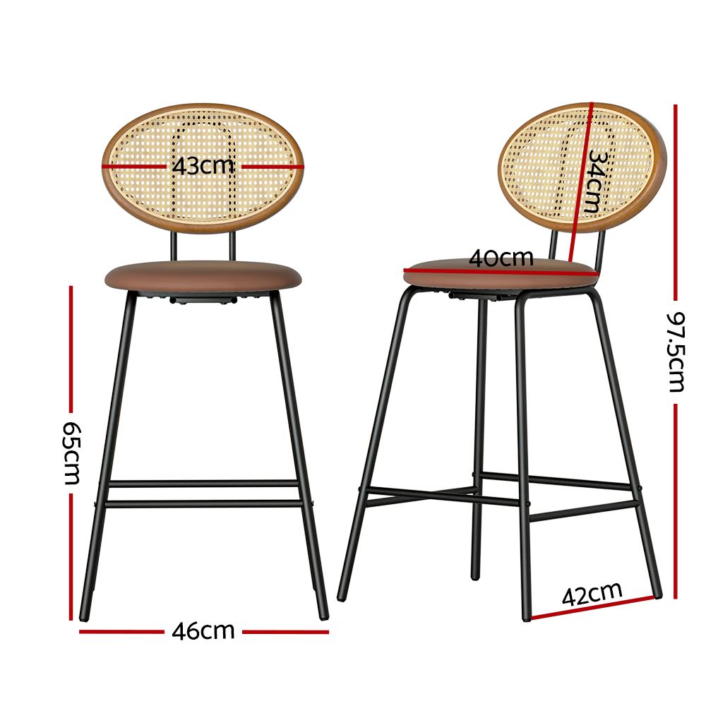 Artiss Bar Stools – Set of 2, Rattan Back, Upholstered Seat, 65cm, Brown