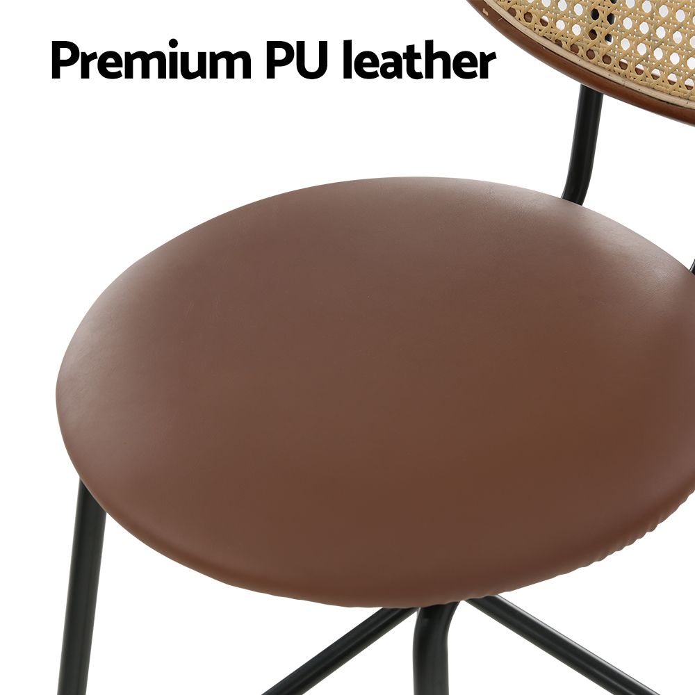 Artiss Bar Stools – Set of 2, Rattan Back, Upholstered Seat, 65cm, Brown