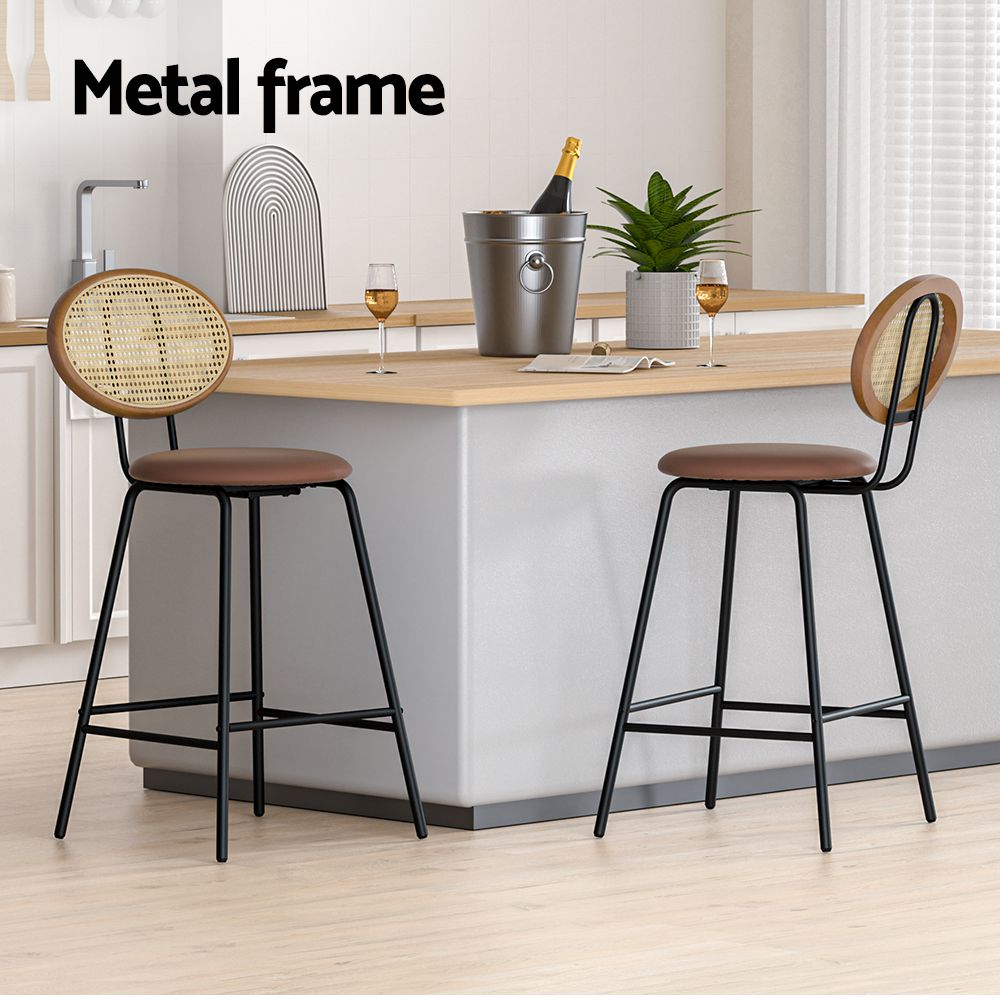 Artiss Bar Stools – Set of 2, Rattan Back, Upholstered Seat, 65cm, Brown