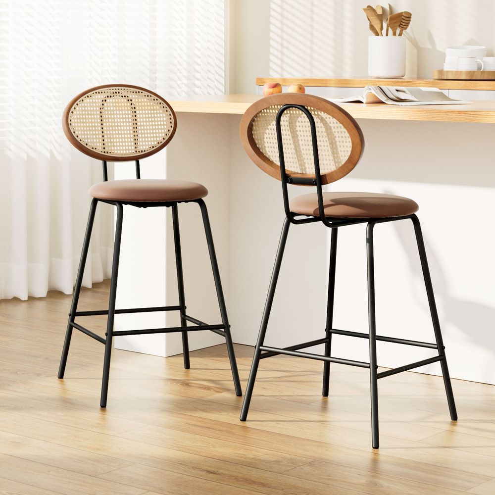 Artiss Bar Stools – Set of 2, Rattan Back, Upholstered Seat, 65cm, Brown